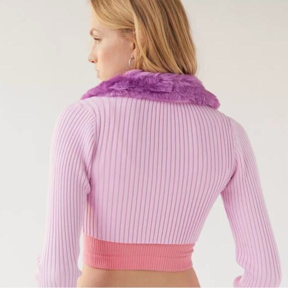 Urban Outfitters Ribbed Cropped Cardigan Faux Fur Tie Front Sweater size M NWT - Picture 2 of 11